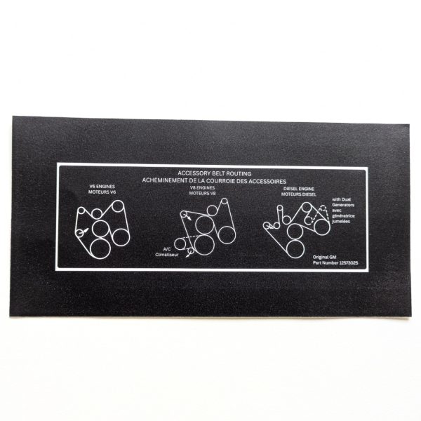GM GMT800 serpentine belt routing decal (reproduction) on a white background, trim-to-fit keyline visible.