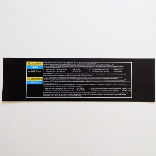 Actual GMT Central reproduction of GM 15171402 GMT800 A/C refrigerant label for 1999–2002 vehicles