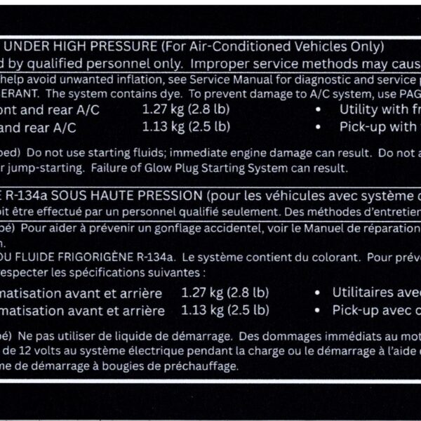 Straight-on scan of GM 10388864 bilingual R-134a A/C refrigerant label reproduction