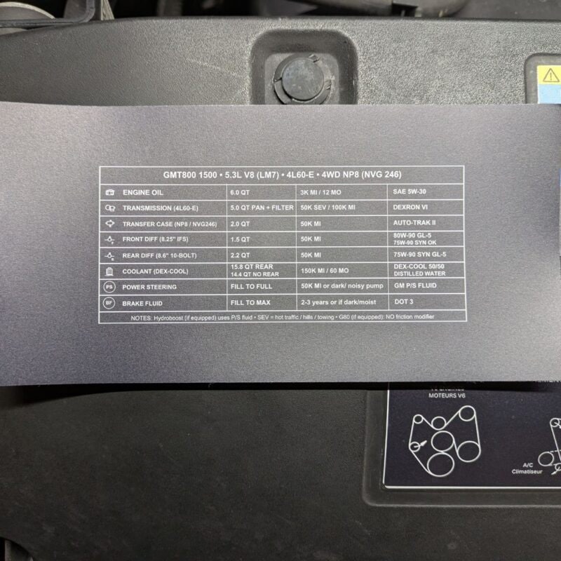 GMT800 Fluid Capacity & Service Interval Underhood Label - 5.3L LM7 ...