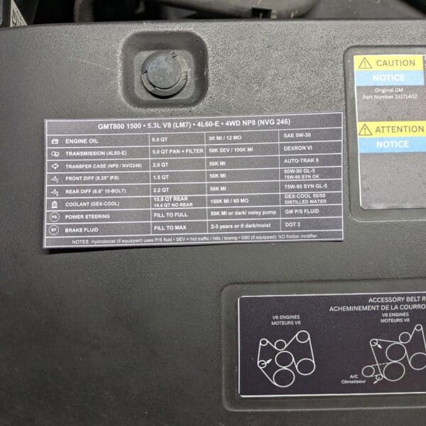 GMT800 Fluid Capacity & Service Interval Underhood Label — 5.3L LM7 4L60‑E NP8 (NVG246 AutoTrac) - Trimmed