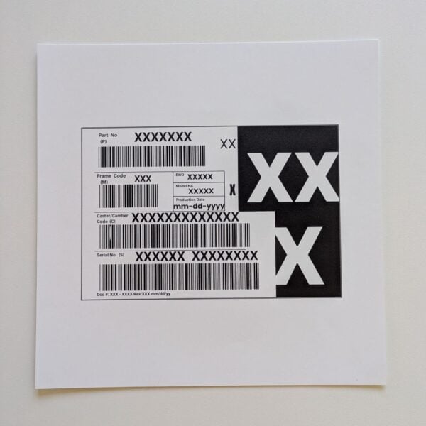 Custom GMT800 frame traceability label reproduction pair printed on one untrimmed matte vinyl sheet