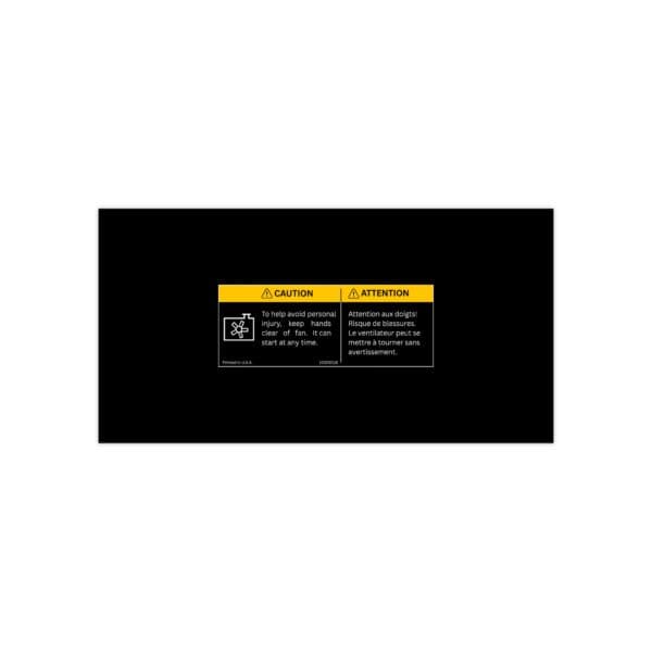 Digital mockup of GM 10309116 bilingual fan blade warning label reproduction