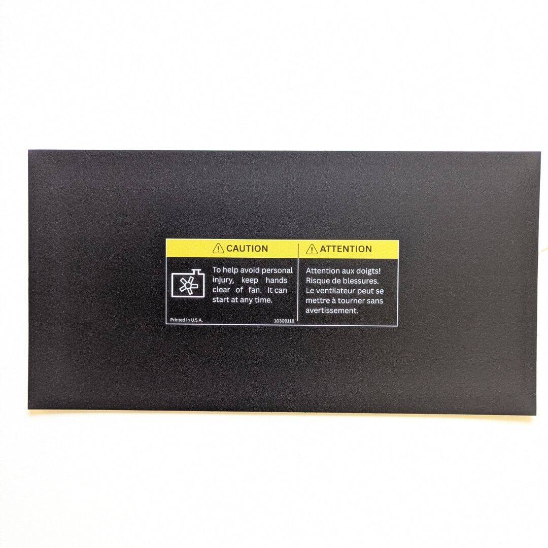 Actual GMT Central reproduction of GM 10309116 English French fan blade warning label