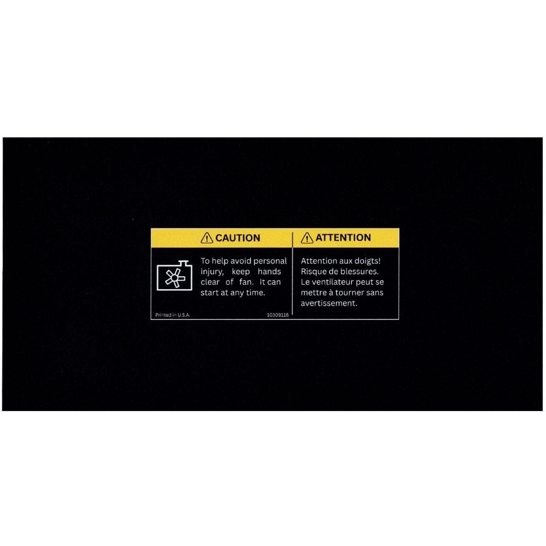 Straight-on scan of GM 10309116 bilingual cooling fan caution label reproduction